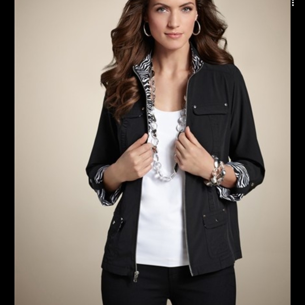 ZENERGY BY CHICOS‎ Chic Black Utility Jacket with Zebra Details